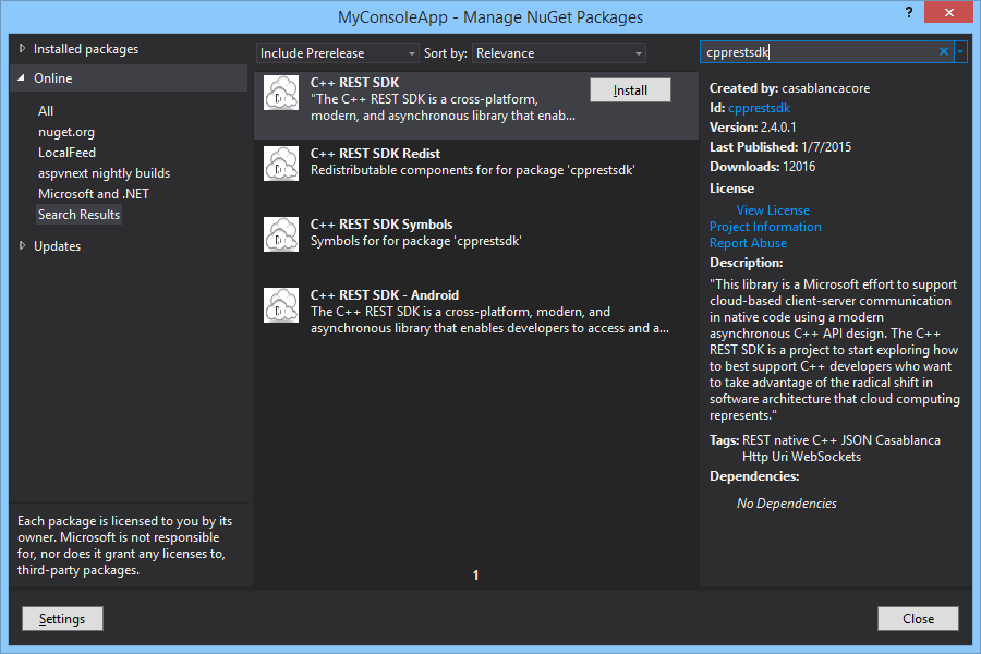 C++ Rest SDK NuGet