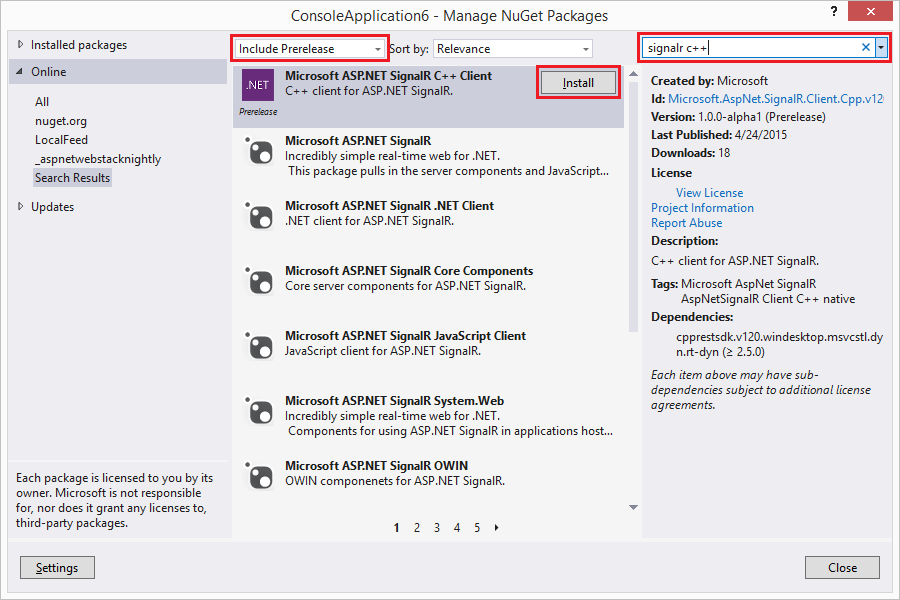 Installing SignalR C++ from NuGet